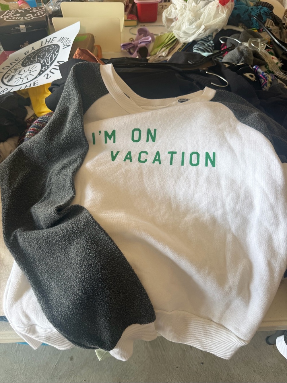 Wildfox White Sweatshirt with Charcoal Raglan Sleeves and Green Lettering